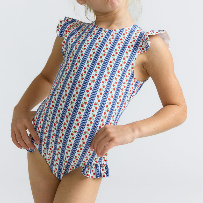 girls strawberry patch ruffle cap sleeve one piece