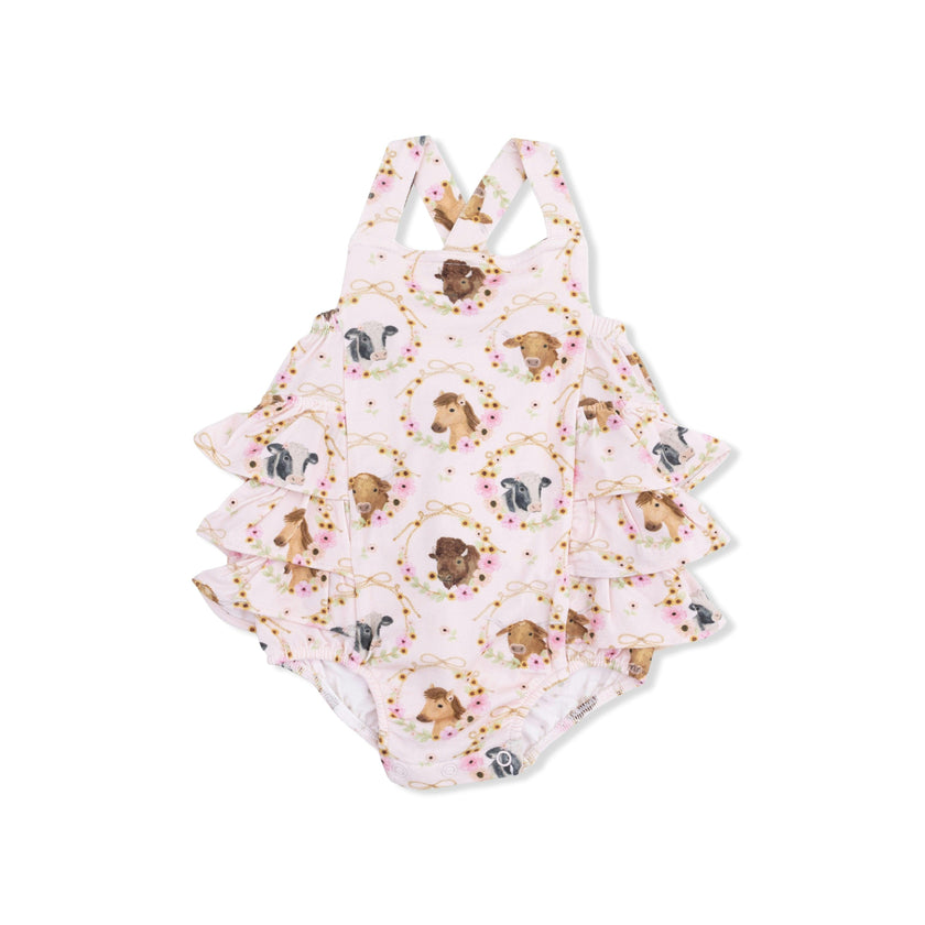 Farm Animals Floral Cameos Pink - Ruffle Sunsuit