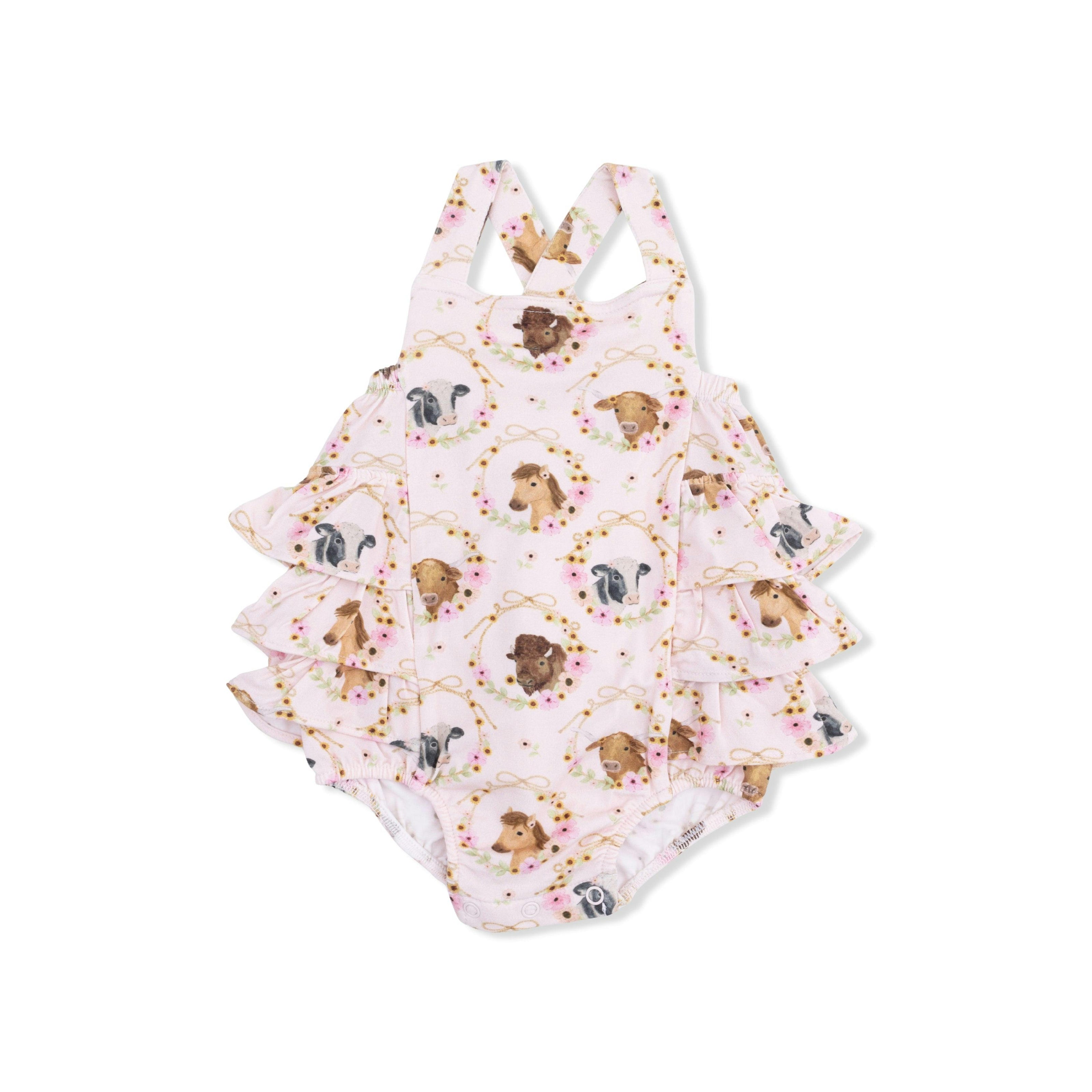 Farm Animals Floral Cameos Pink - Ruffle Sunsuit