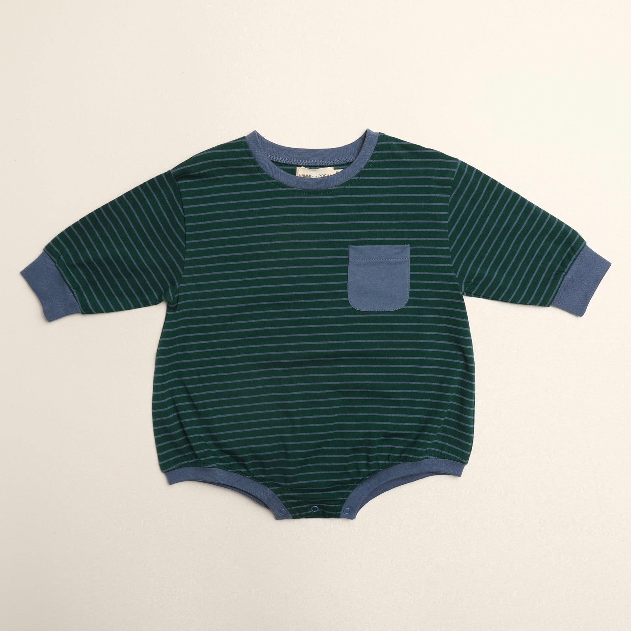 Harley Pocket Romper in Thin June Bug Stripe