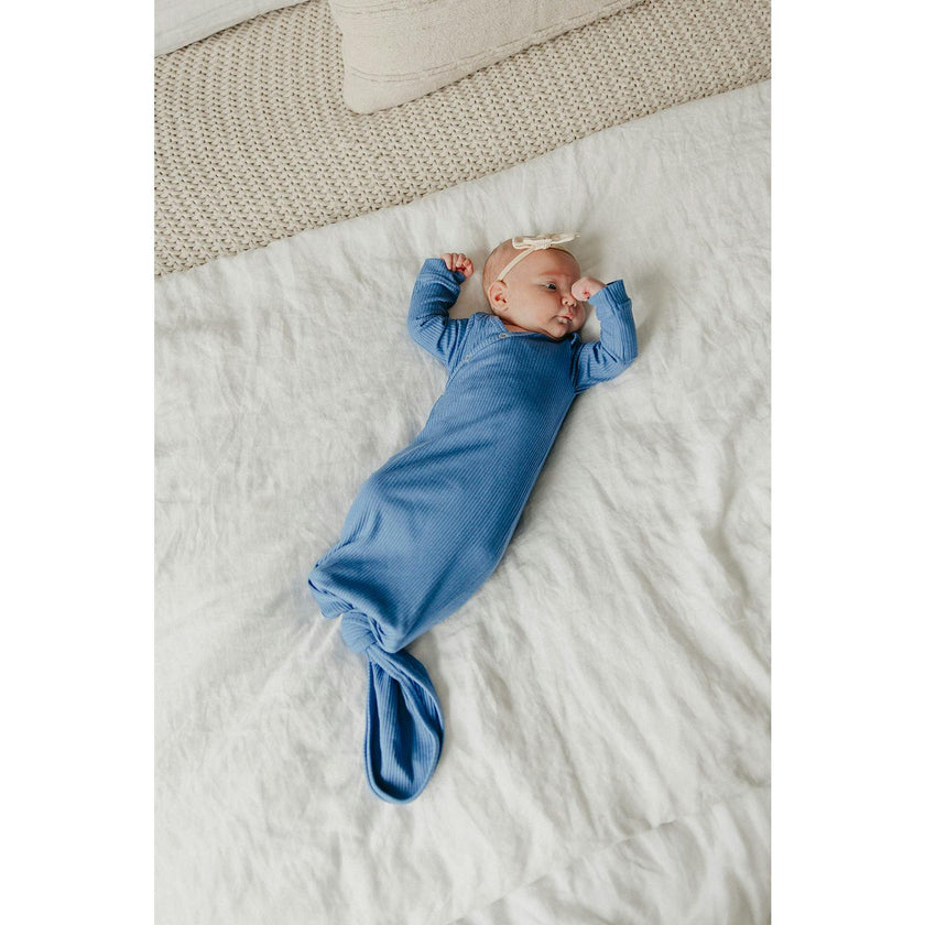 Indigo Rib Knit Newborn Knotted Gown
