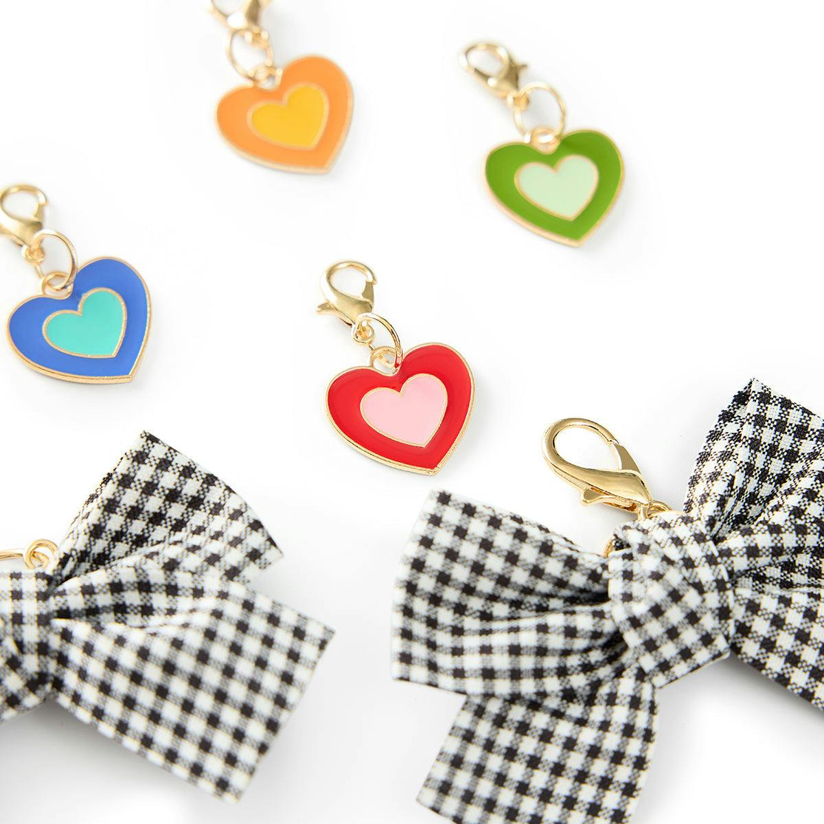 Packed Party Plaid Bows and Rainbow Hearts Shoe Charm Set 6pc - Gingham Bow and Enamel Heart Charms with Lobster Clips for Sneakers, 2.75x3.3 Inch