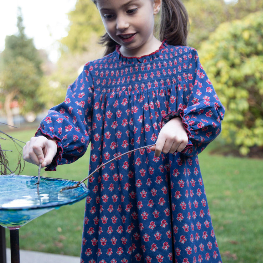 Girls All-Over Print Smocked Long Sleeve Dress