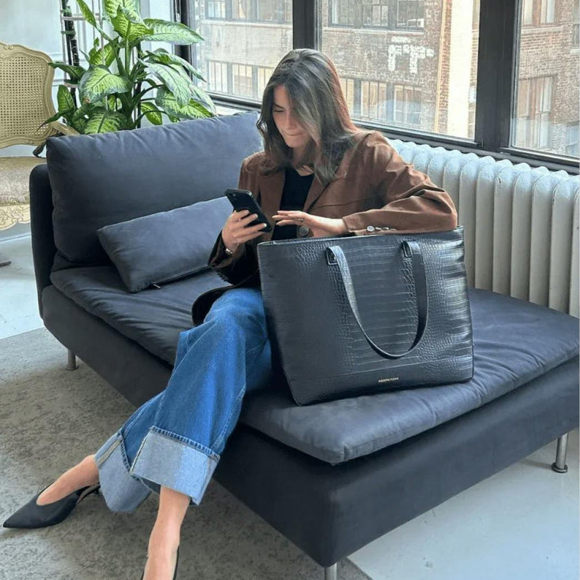 Vegan Leather Work Tote Bag with Removable Insulated Pouch, Black Croc