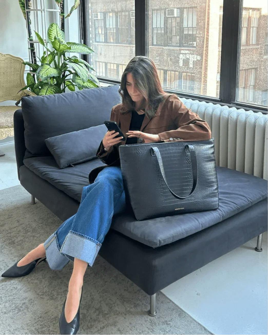 Vegan Leather Work Tote Bag with Removable Insulated Pouch, Black Croc