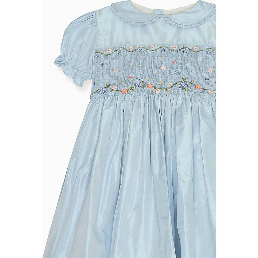 Light Blue Eva Silk Ceremony Girl Hand-Smocked Dress