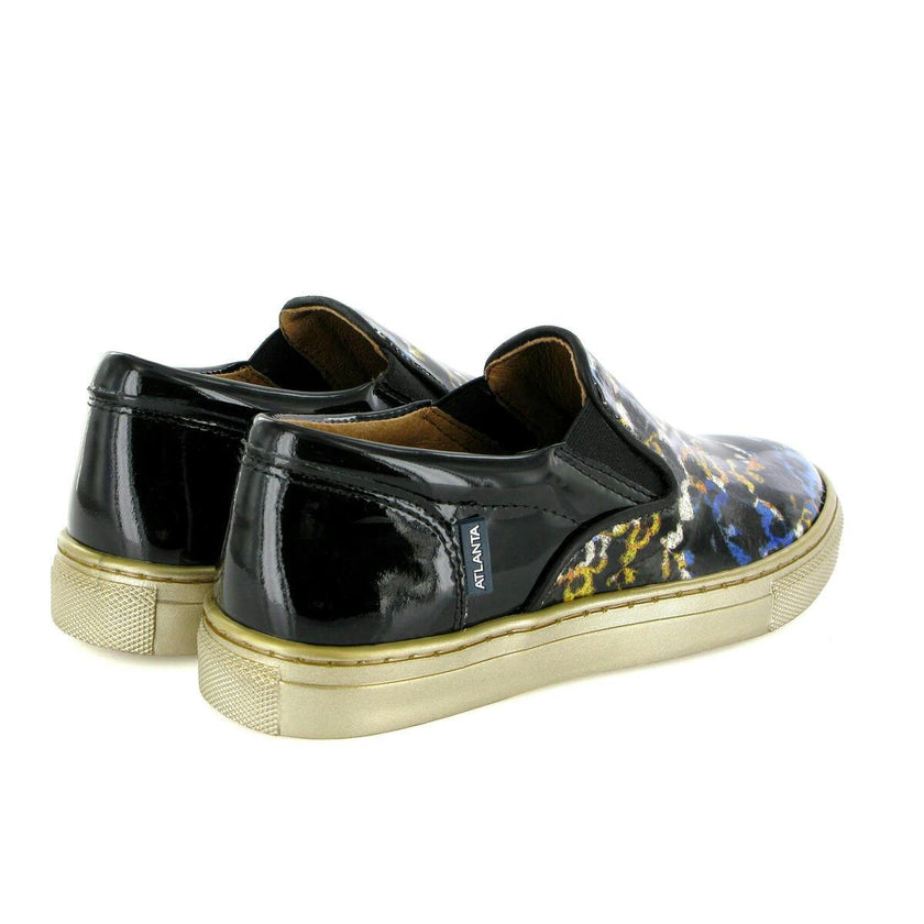 Slip On Patent Leather Sneakers, Black Blue & Yellow