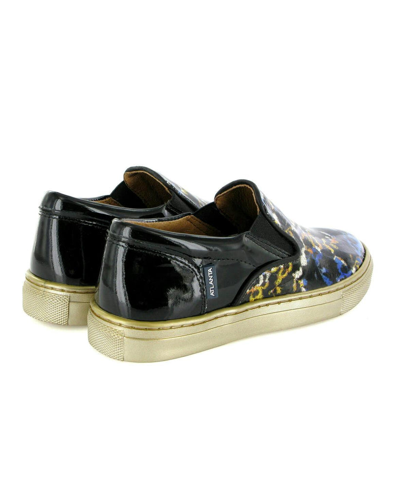 Slip On Patent Leather Sneakers, Black Blue & Yellow