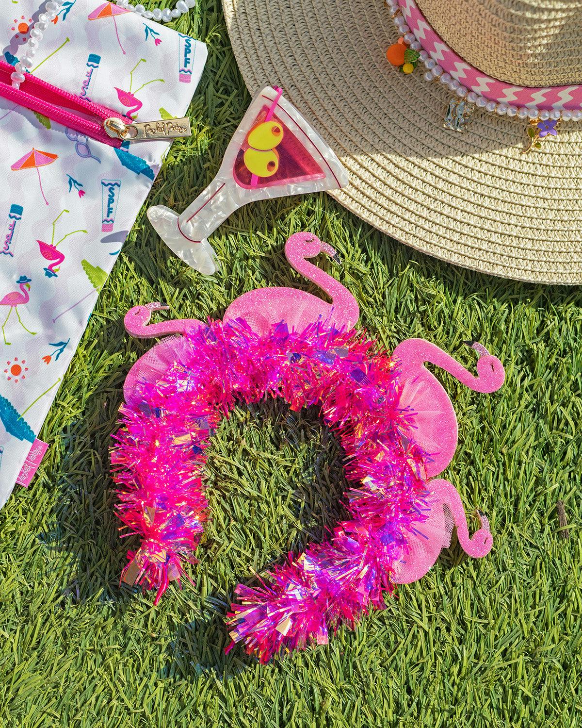 Packed Party Flamingo Party Novelty Headband - Pink Tinsel with 3D Glitter Flamingos for Beach, Pool, and Bachelorette Parties, 8.5x9.5 Inch, One Size