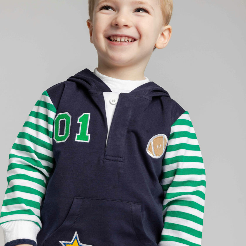 Hooded Knit Shirt with Varsity Football Motifs