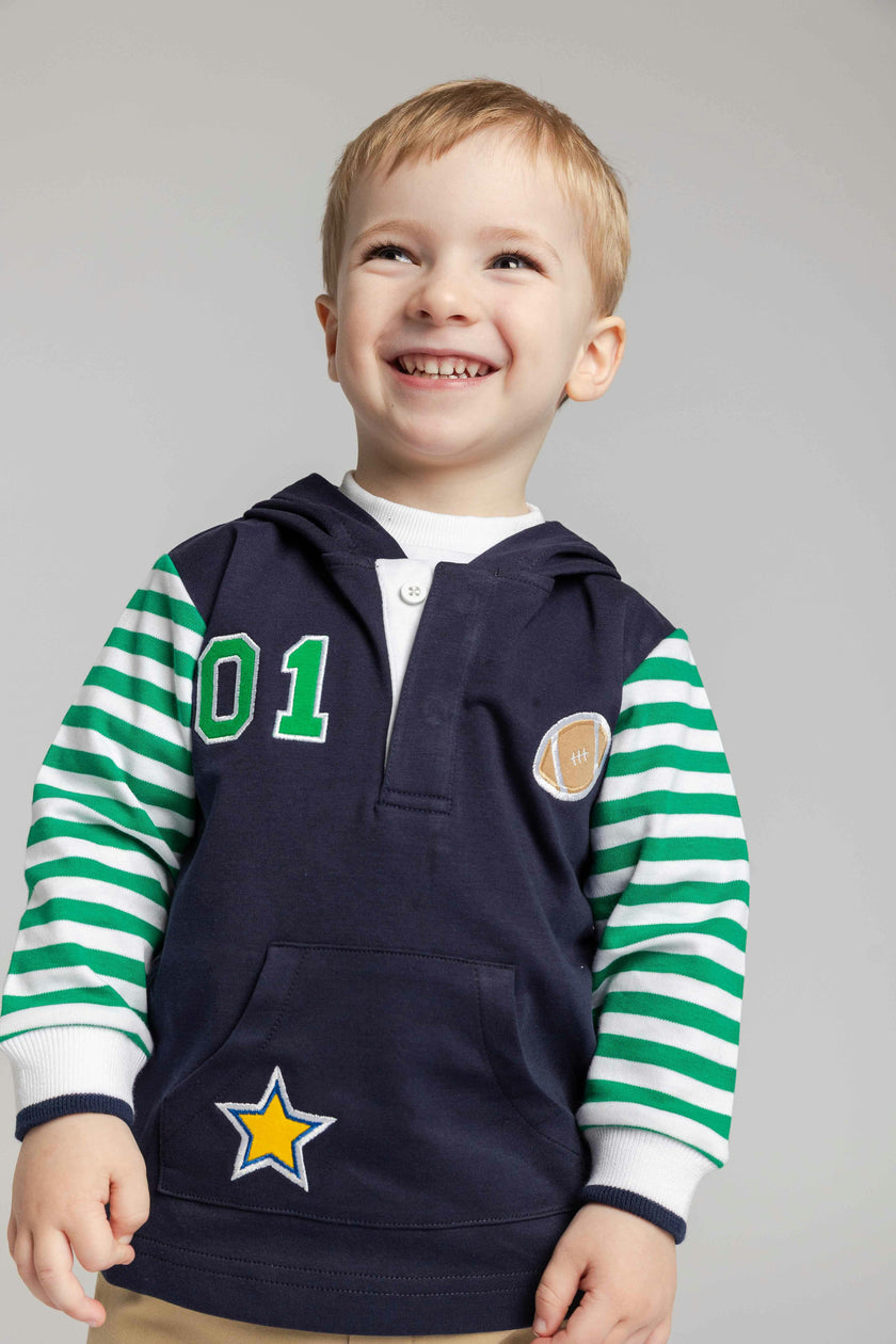 Hooded Knit Shirt with Varsity Football Motifs