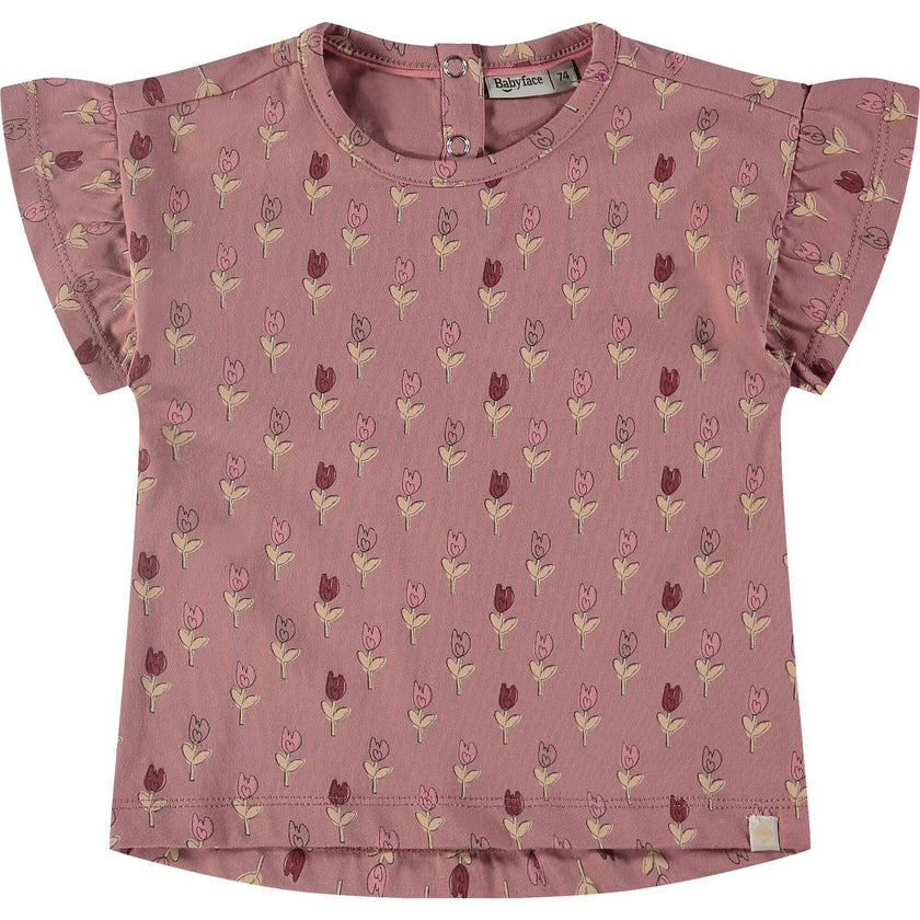Flower Print Short Ruffle Sleeve T-Shirt