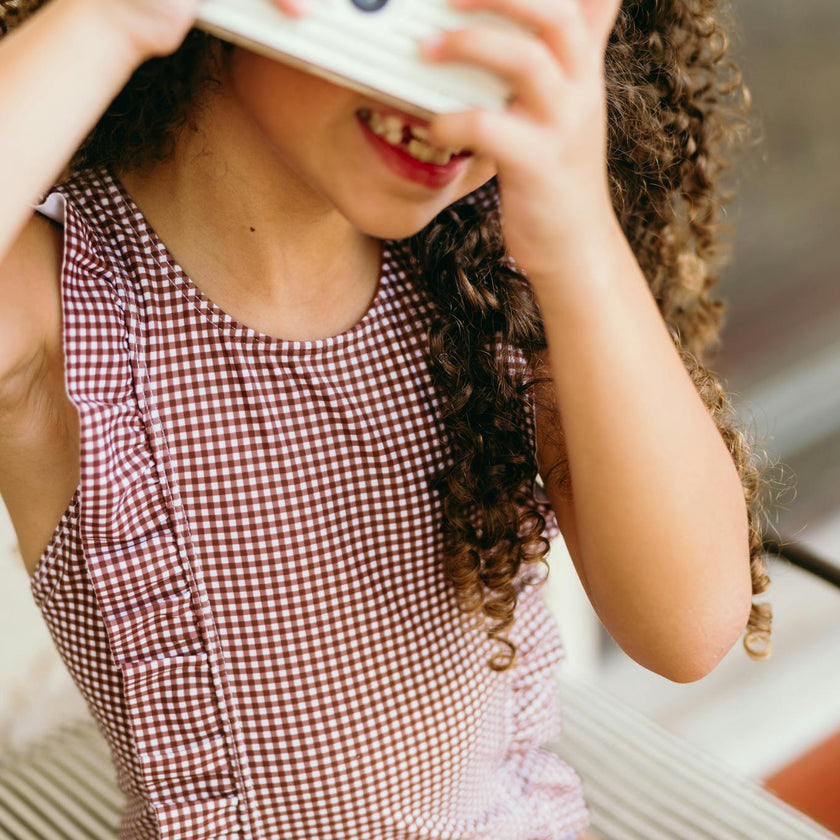 girls cocoa gingham ruffle one piece