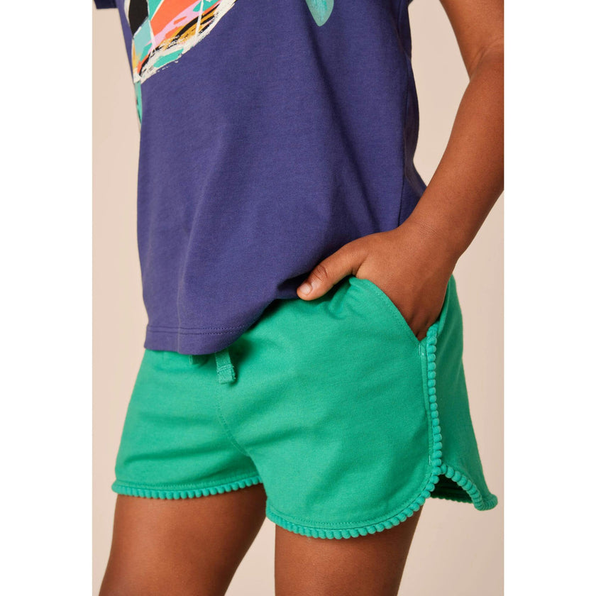 Pom-Pom Rounded Edge Drawstring Gym Shorts, Green