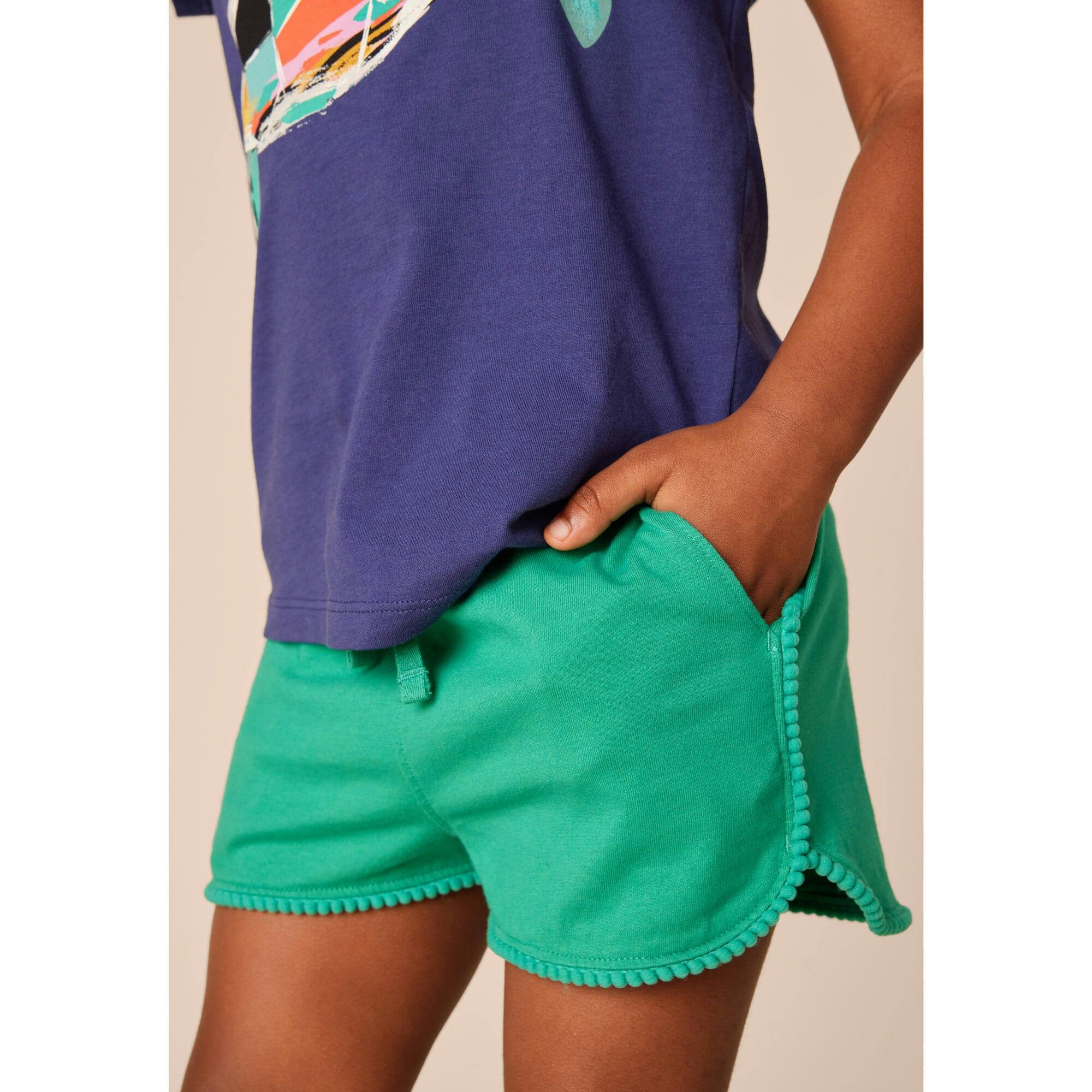 Pom-Pom Rounded Edge Drawstring Gym Shorts, Green
