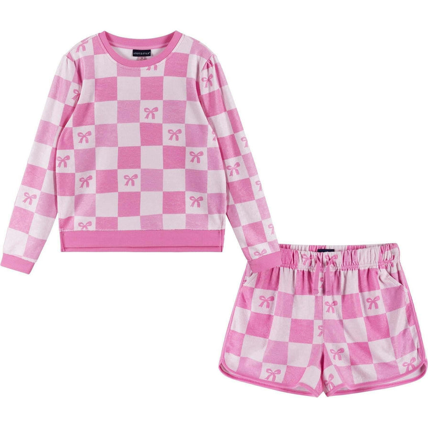 Tween Girls Terry Pull-Over & Short Set | Checkered Bow