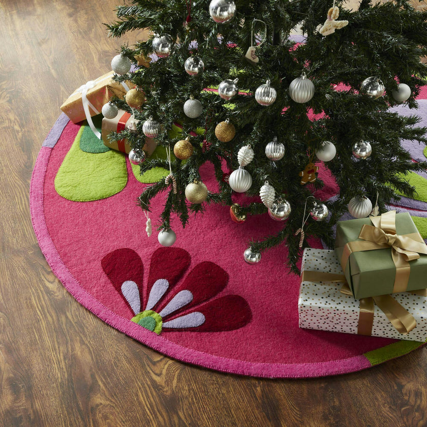 Handmade Retro Flowers Pink Christmas Tree Skirt Felt 60"