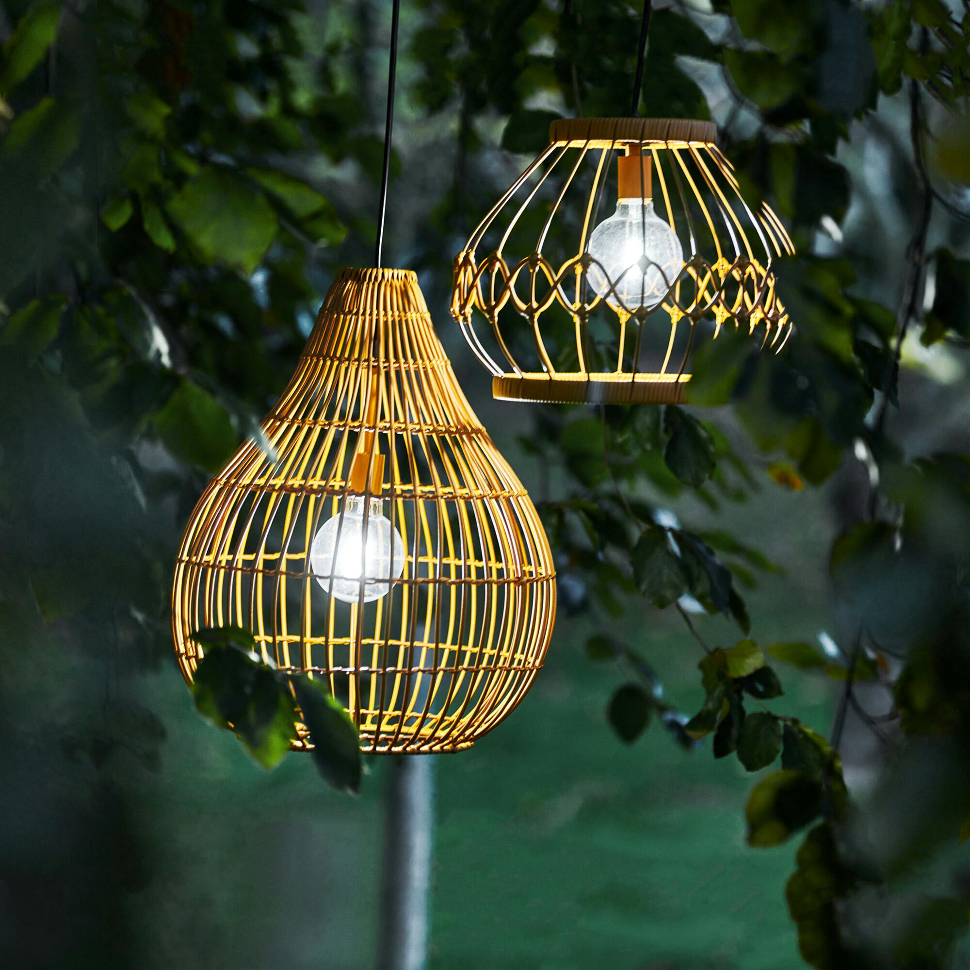 Outdoor Solar Powered Open Wicker Hanging Lantern Shaped Pendant Light With Dimmable Bulb And Remote Control With Multiple Modes And Levels