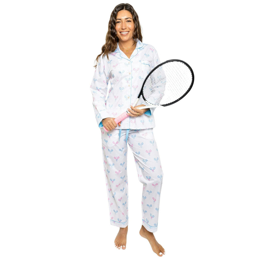 Women's Tennis Bows Long PJ Set - Blue Pink Organic Cotton Poplin