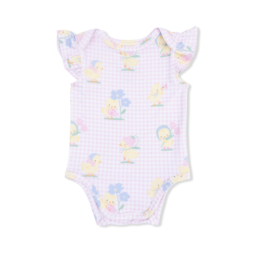 Vintage Spring Ducklings Pink - Ruffle Sleeve Bodysuit
