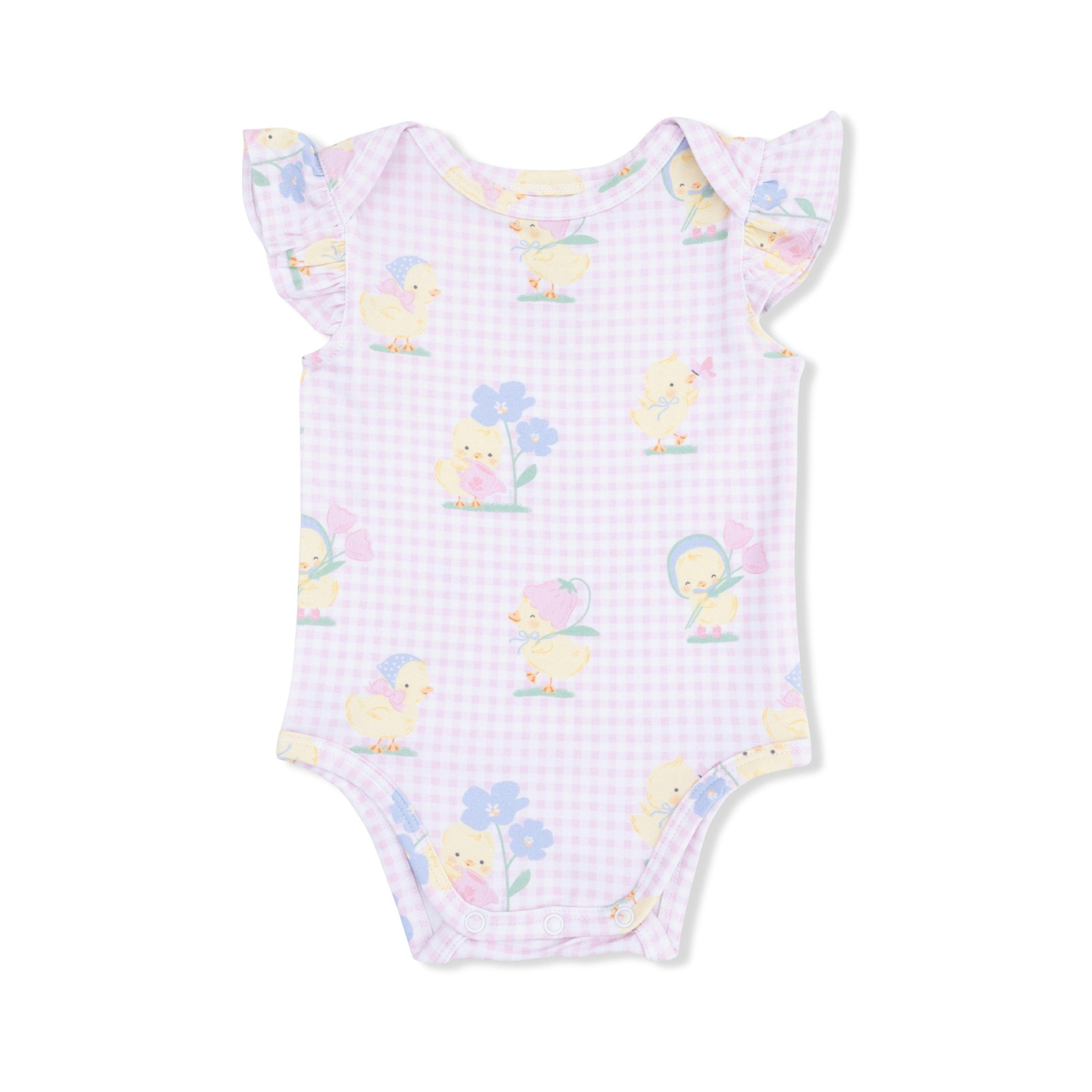 Vintage Spring Ducklings Pink - Ruffle Sleeve Bodysuit