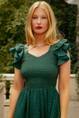 Hattie Dress in Green Flocked Dot Tulle