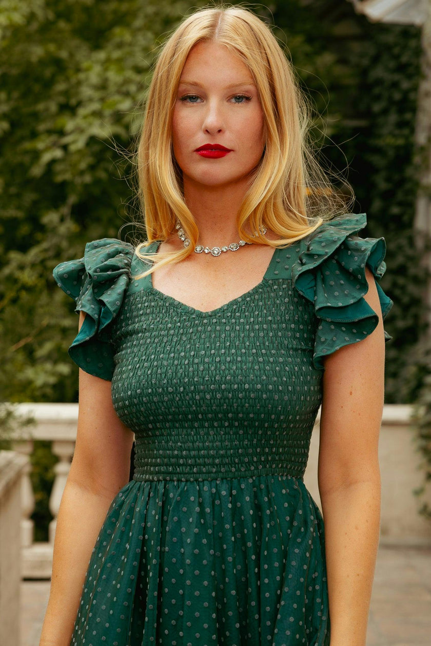 Hattie Dress in Green Flocked Dot Tulle