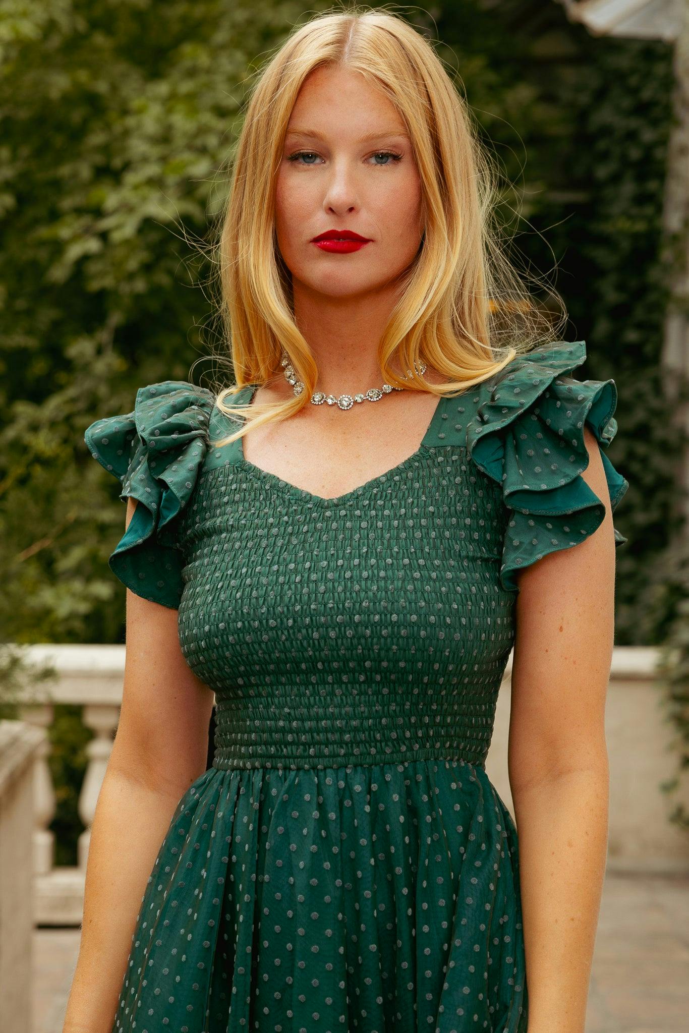 Hattie Dress in Green Flocked Dot Tulle
