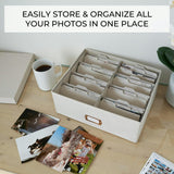 Decorative Photo Storage Box - Sturdy Linen Photo Organizer with Dividers - Stores Up to 850 4x6 Photos - Portable Scrapbook Storage Container with Lid
