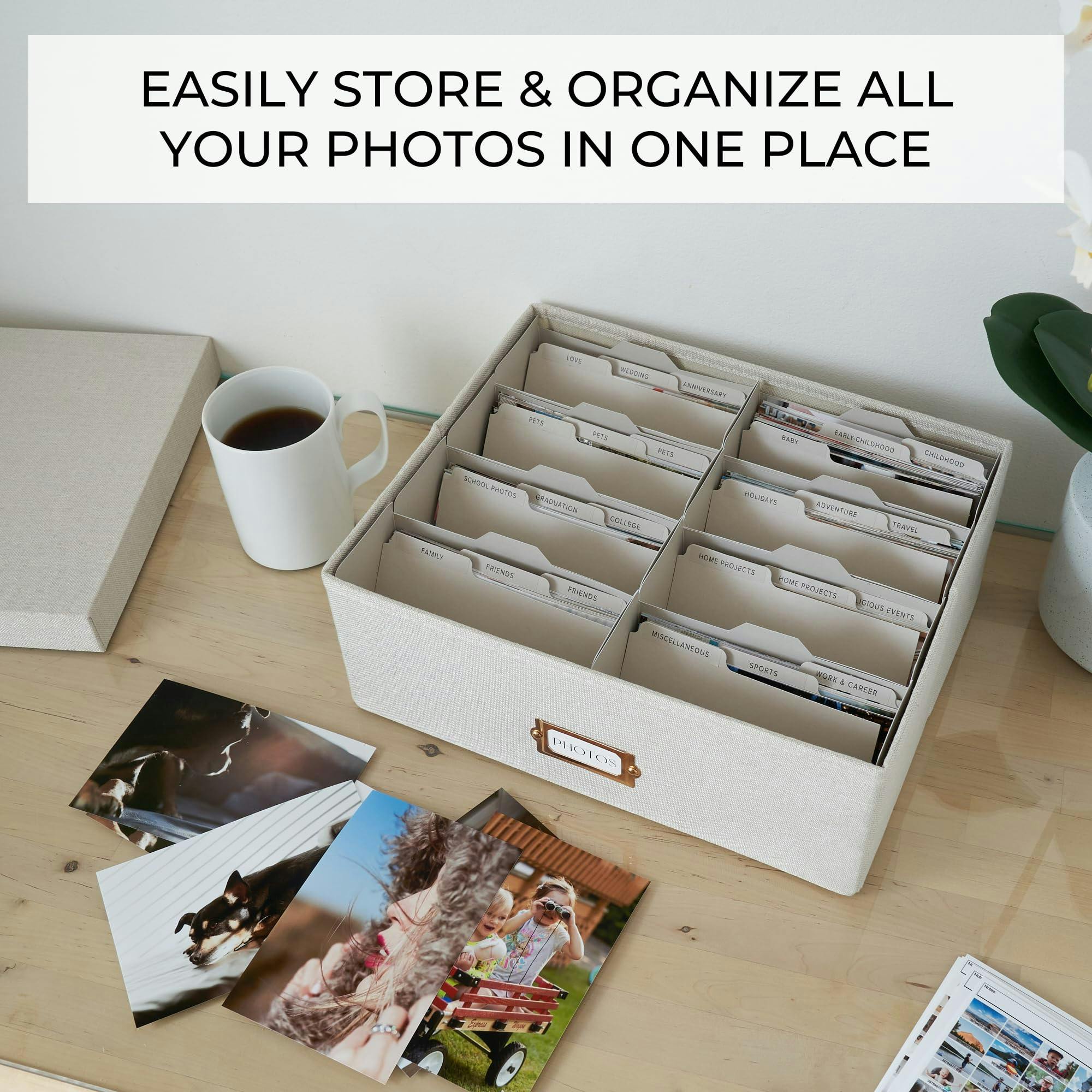 Decorative Photo Storage Box - Sturdy Linen Photo Organizer with Dividers - Stores Up to 850 4x6 Photos - Portable Scrapbook Storage Container with Lid