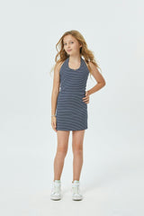 Mackenzie Navy and White Stripe Cotton Spandex Halter Mini Dress