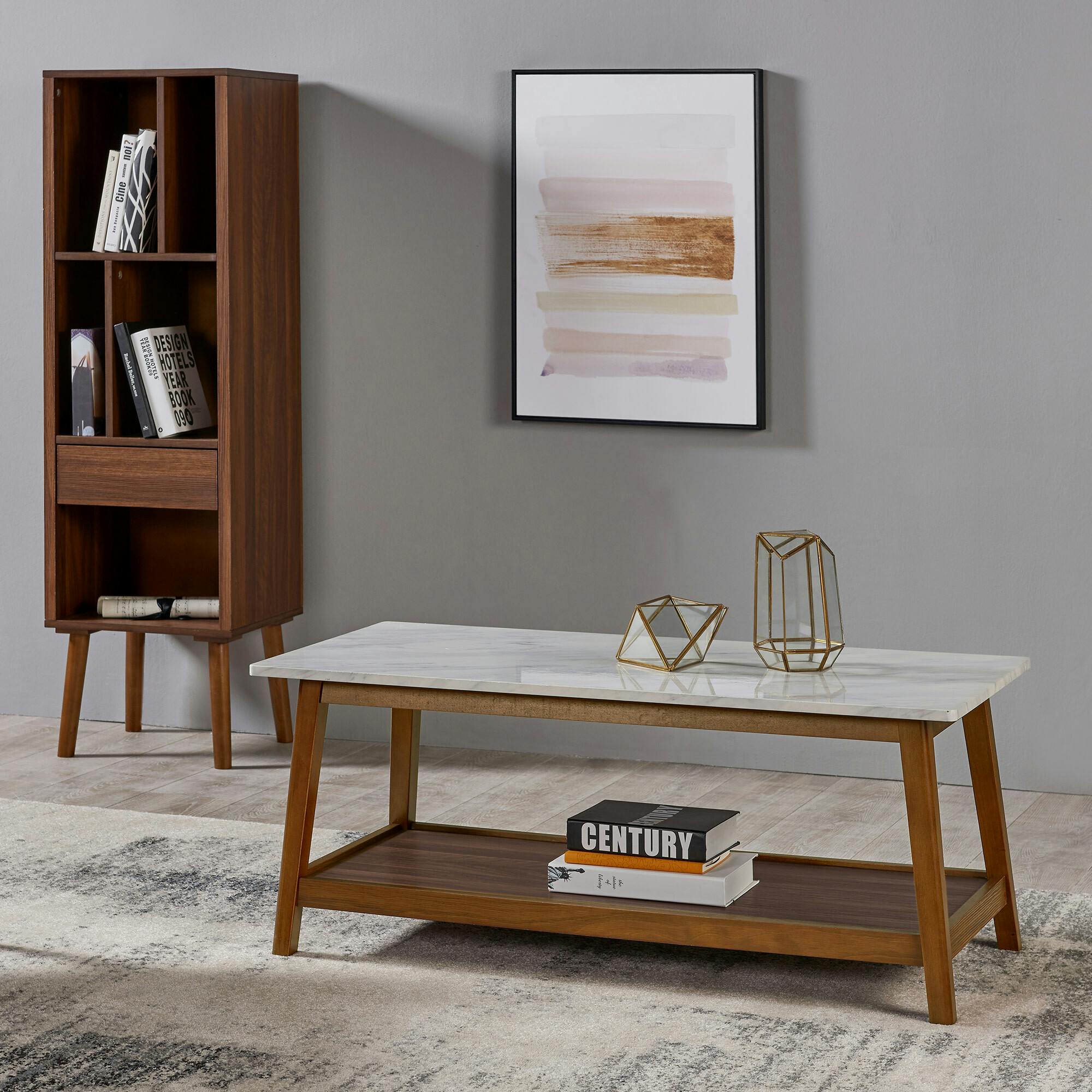 Kingston Wooden Coffee Table with Storage and Marble-Look Top