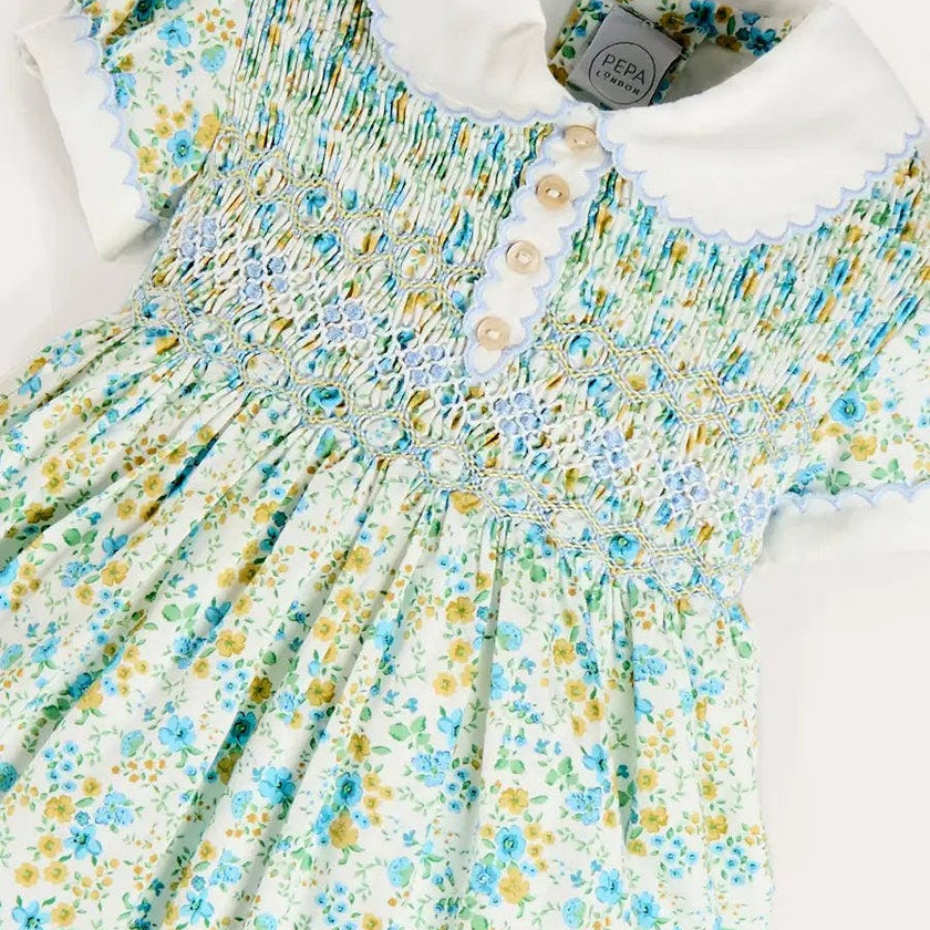 Louisa Floral Hand Smocked Short Sleeve Romper in Blue (3mths-2yrs)