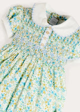 Louisa Floral Hand Smocked Short Sleeve Romper in Blue (3mths-2yrs)