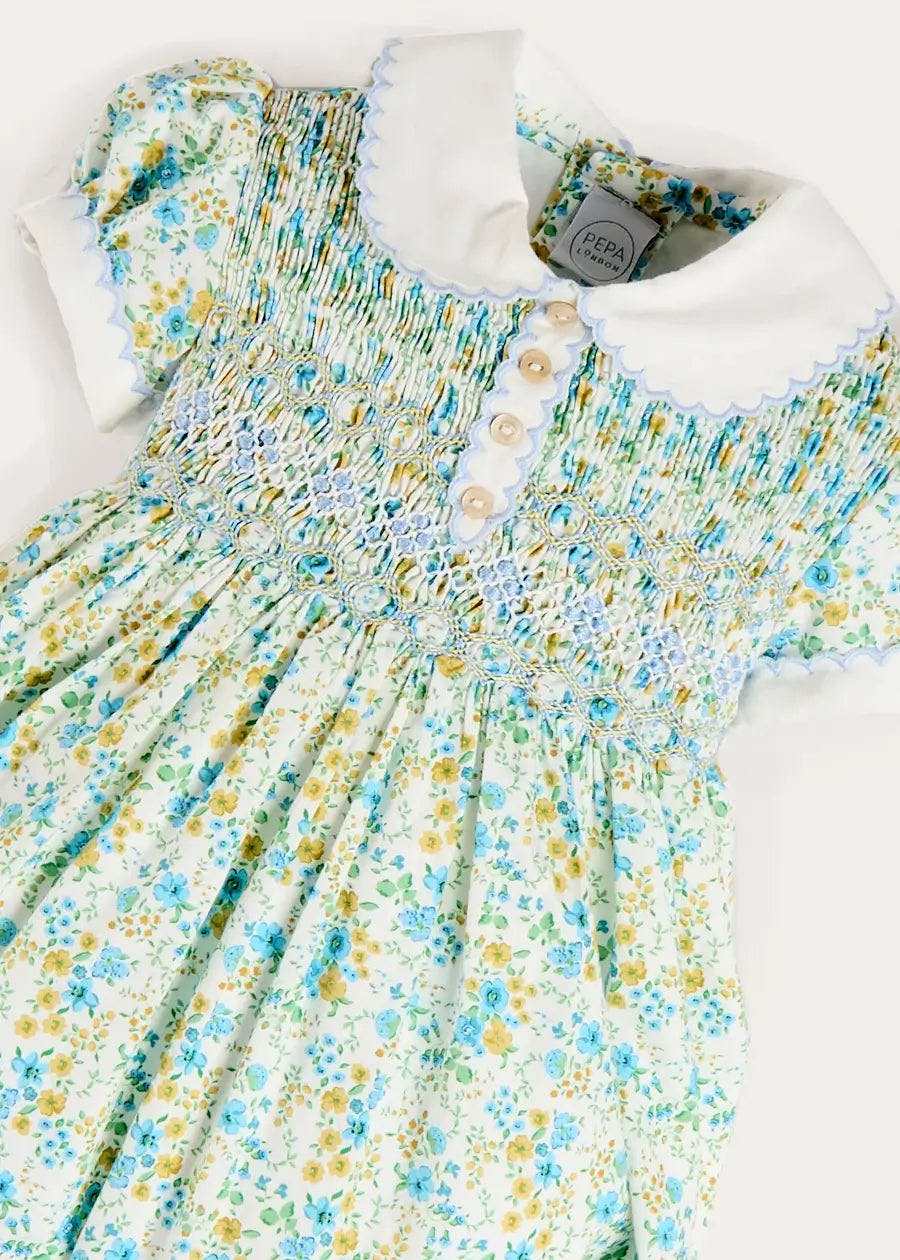 Louisa Floral Hand Smocked Short Sleeve Romper in Blue (3mths-2yrs)