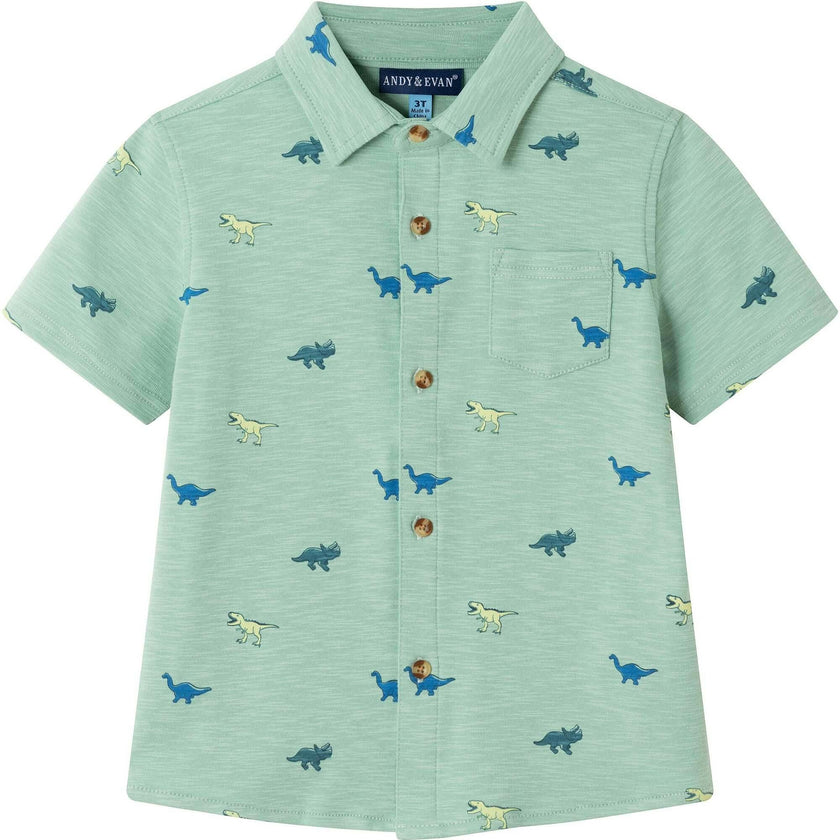 Kids Light Green Print Knit Buttondown & Blue Hybrid Short Set