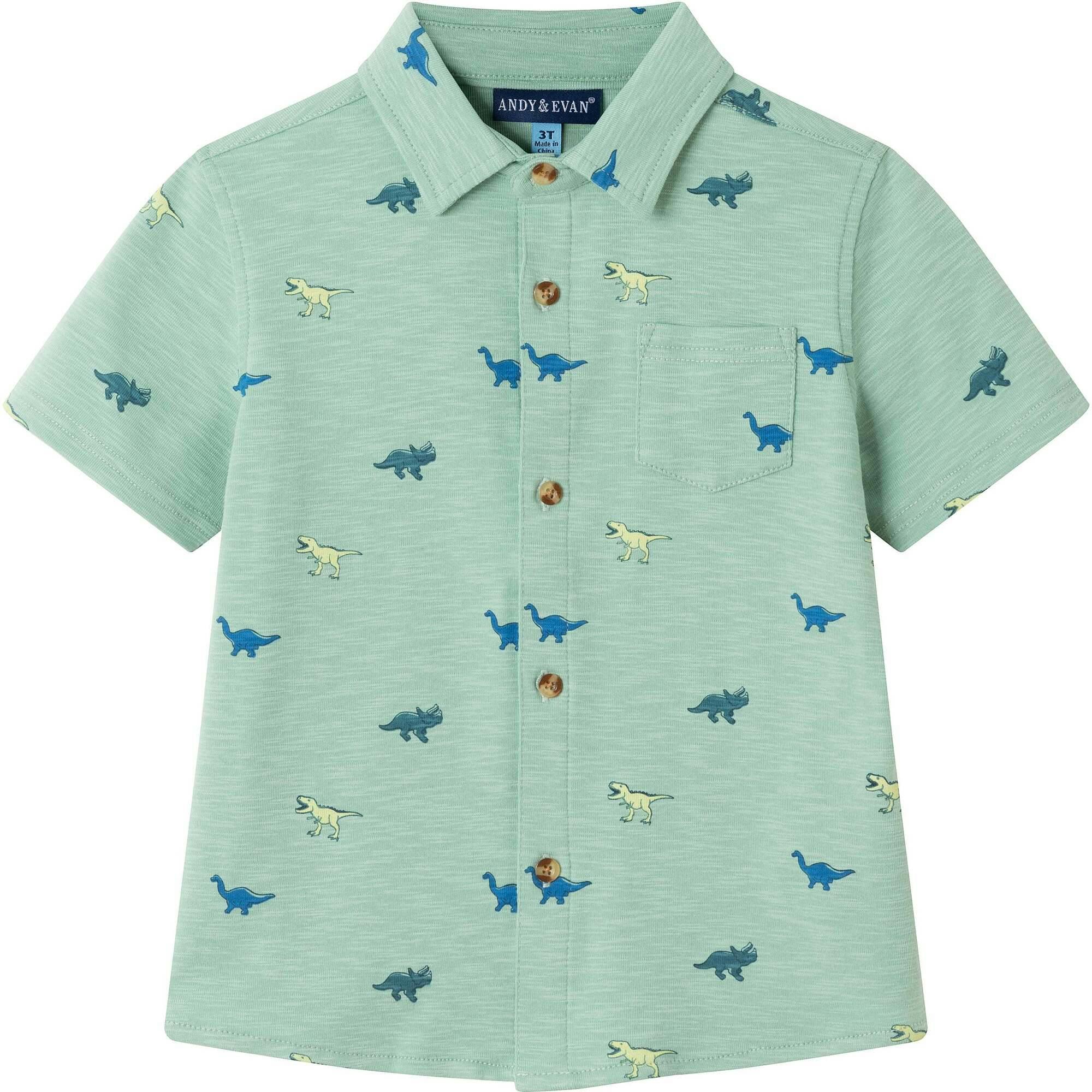 Kids Light Green Print Knit Buttondown & Blue Hybrid Short Set