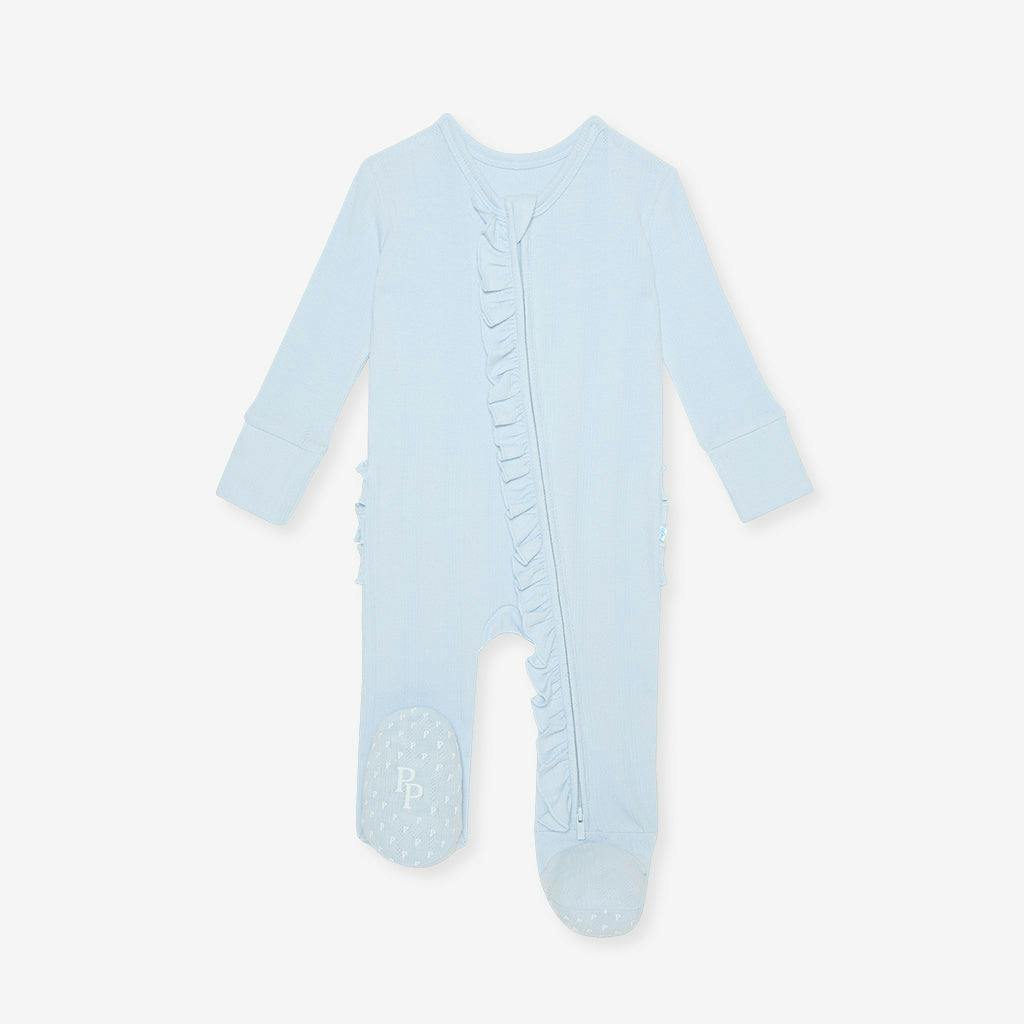 Soft Cloud Blue Pointelle Footie Ruffled Zippered One Piece