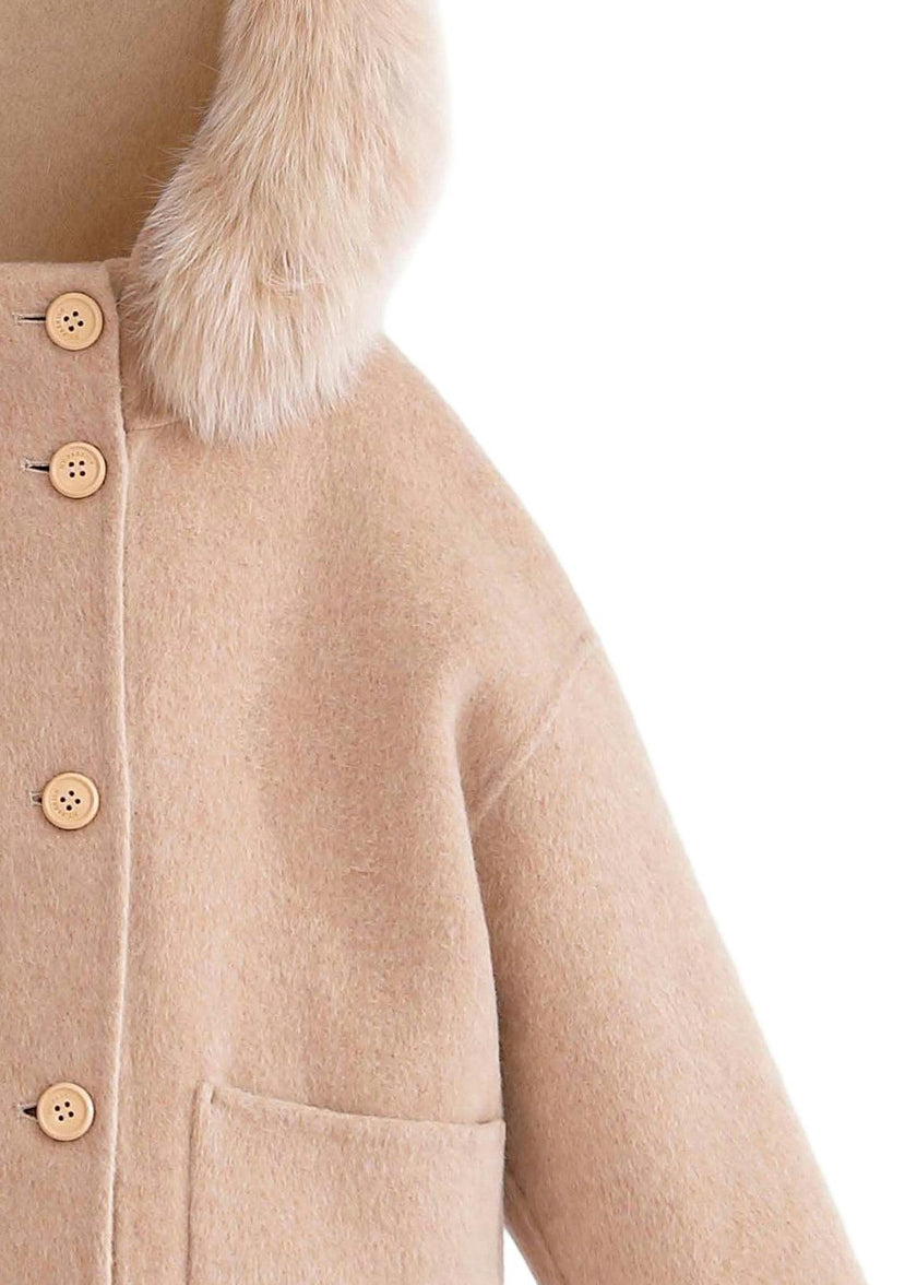 Champagne Wool Coat with Faux Fur Hood
