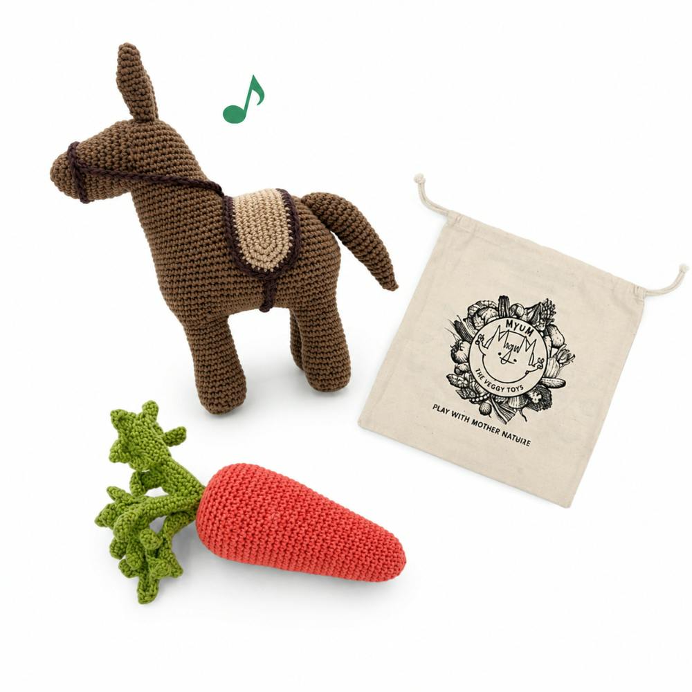 Coffret Donkey 🥕🫏 hochet et boite à musique en crochet 100% coton bio