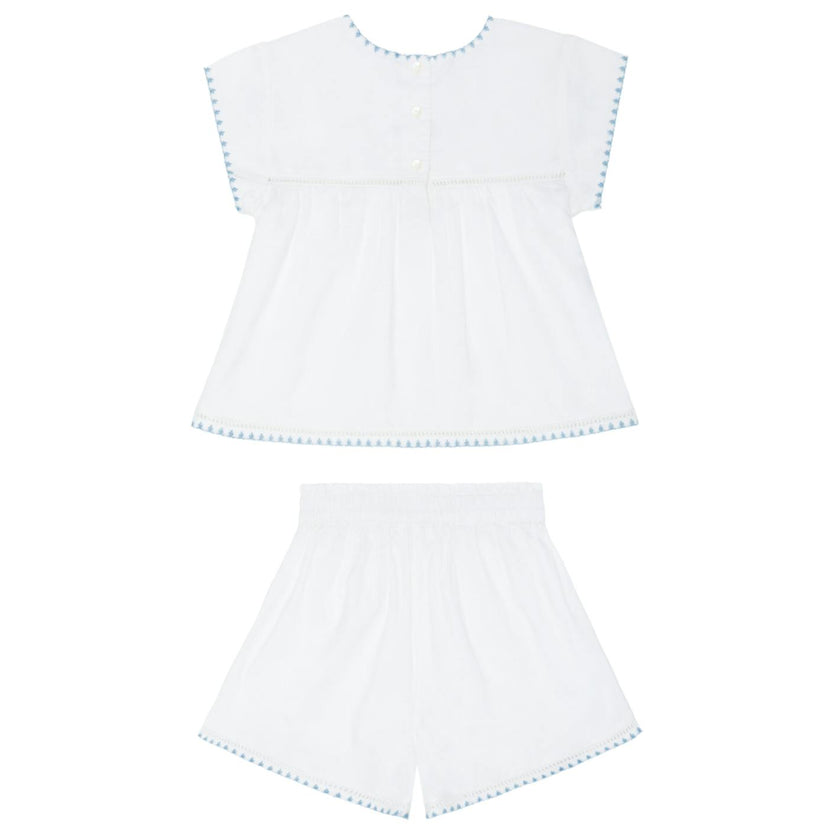 girls white embroidered cap sleeve top and short set