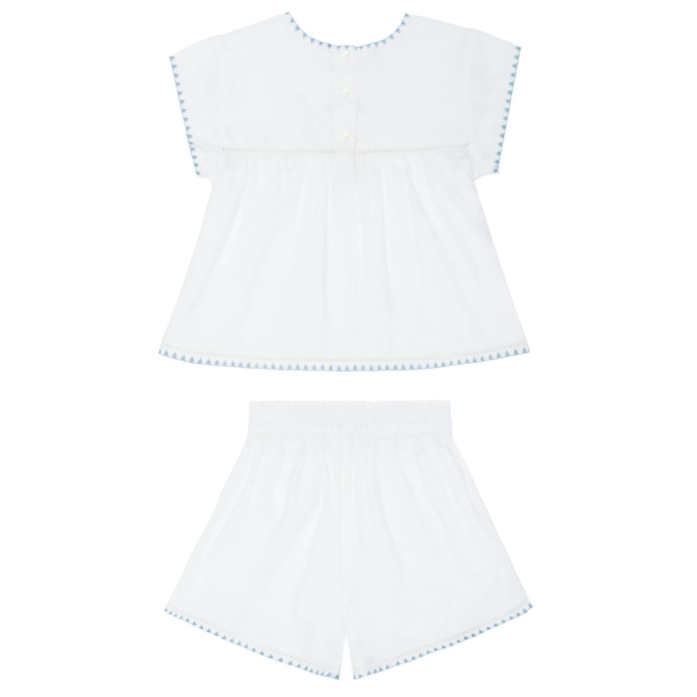 girls white embroidered cap sleeve top and short set