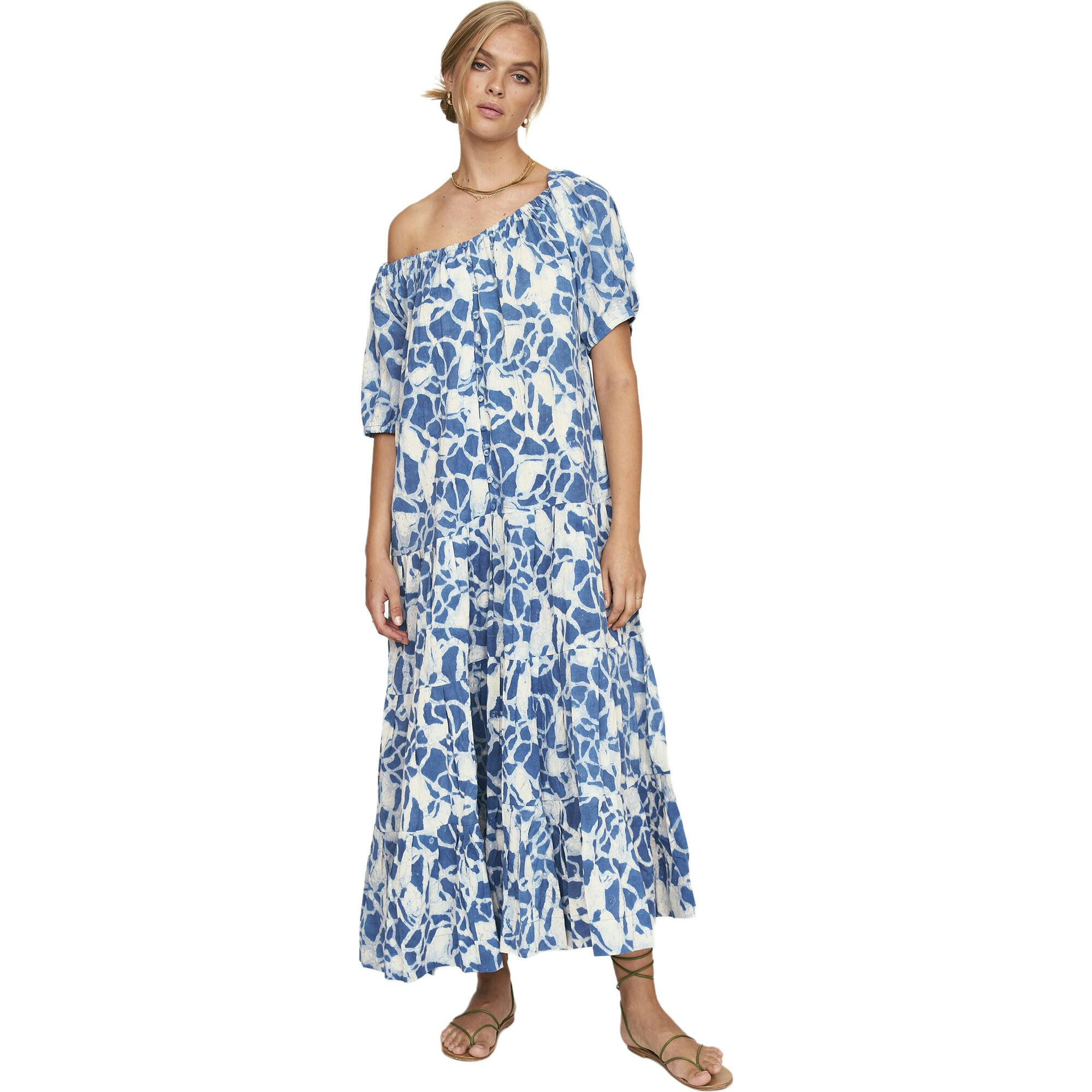Women's Capri Elastic Bubble Sleeve Tiered Maxi Dress, Blue