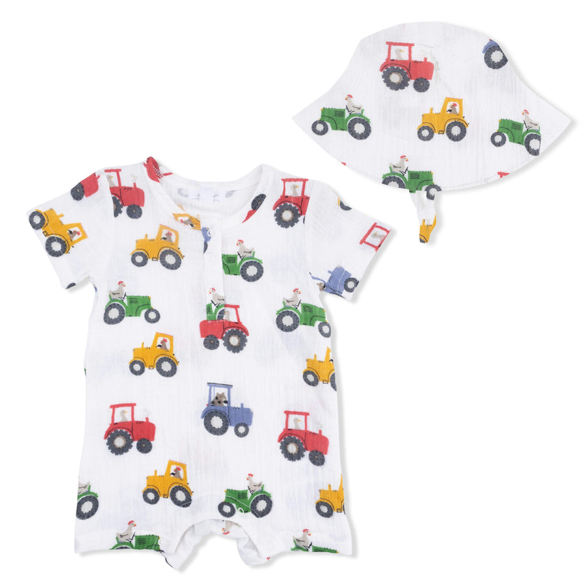 Tractor Friends - Muslin Henley Shortall with Bucket hat