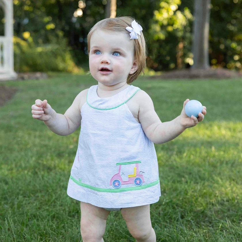 Check Seersucker Skirted Romper with Golf Cart