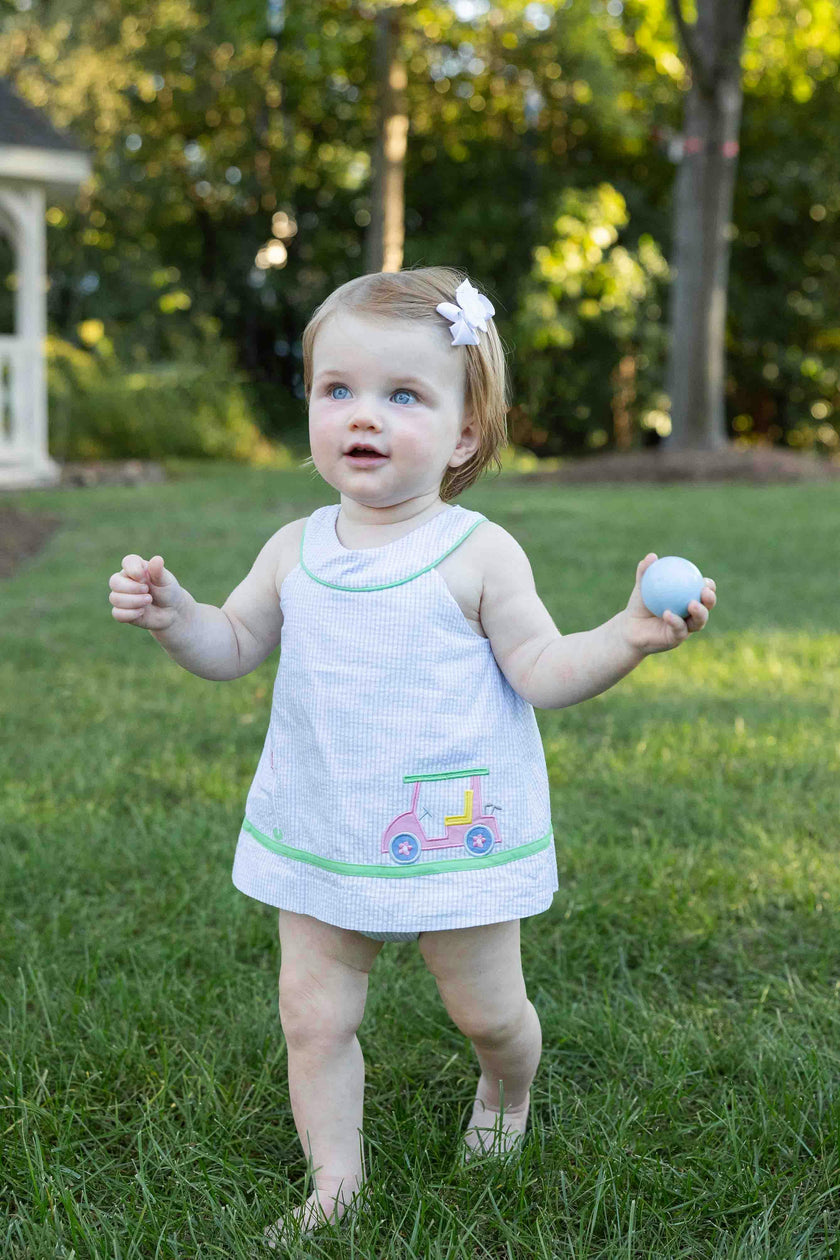 Check Seersucker Skirted Romper with Golf Cart
