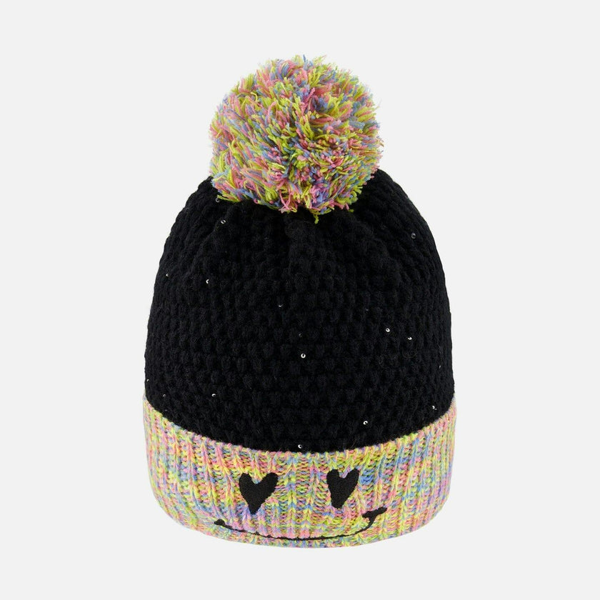Lined Knit Hat with Pompom Black and Multicolor