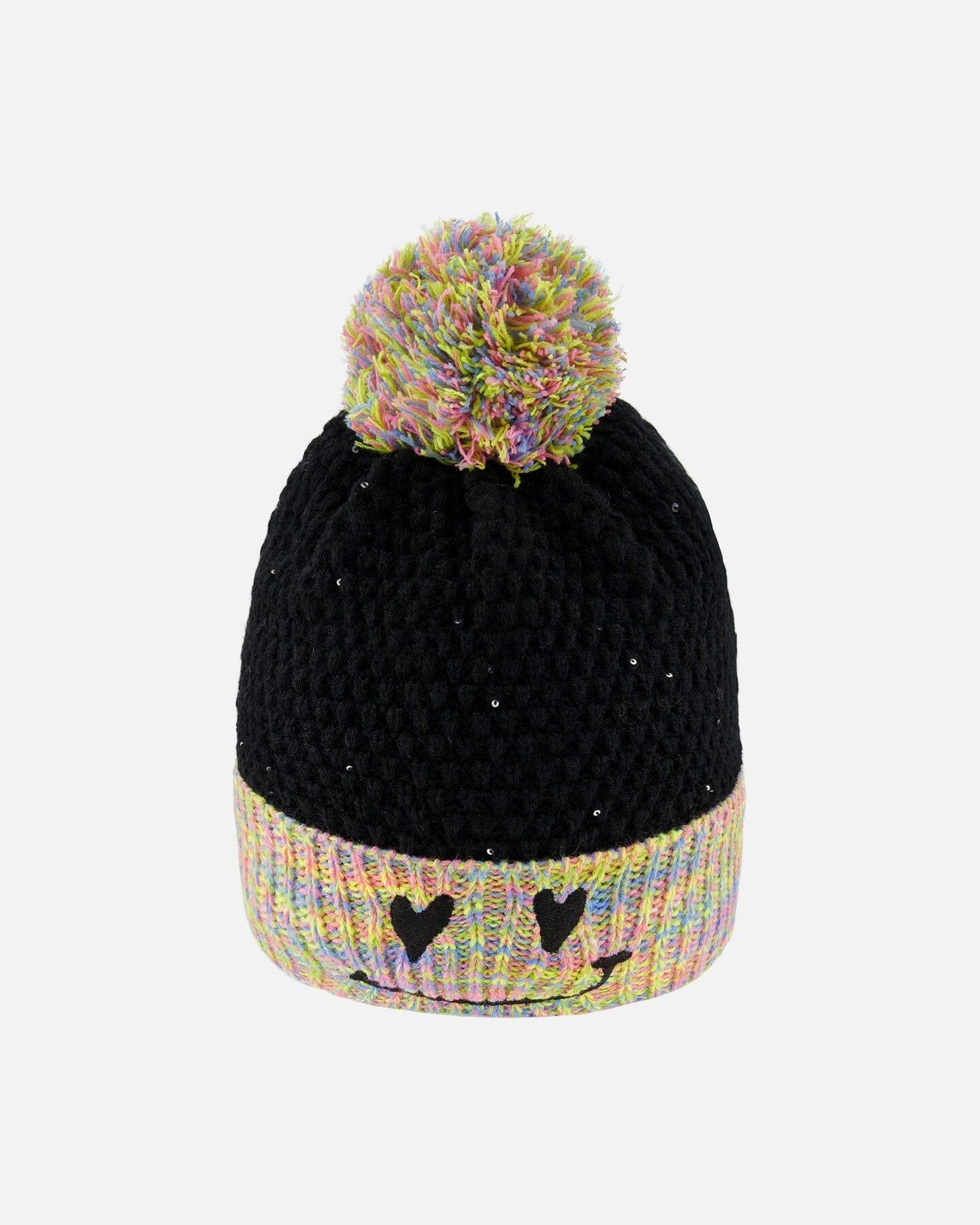 Lined Knit Hat with Pompom Black and Multicolor
