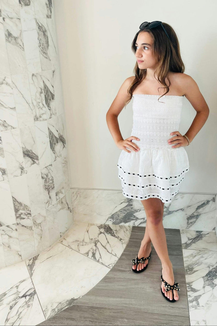 Sage White Heart & Flower Eyelet With Black Ribbon Smocked Ruffle Dress
