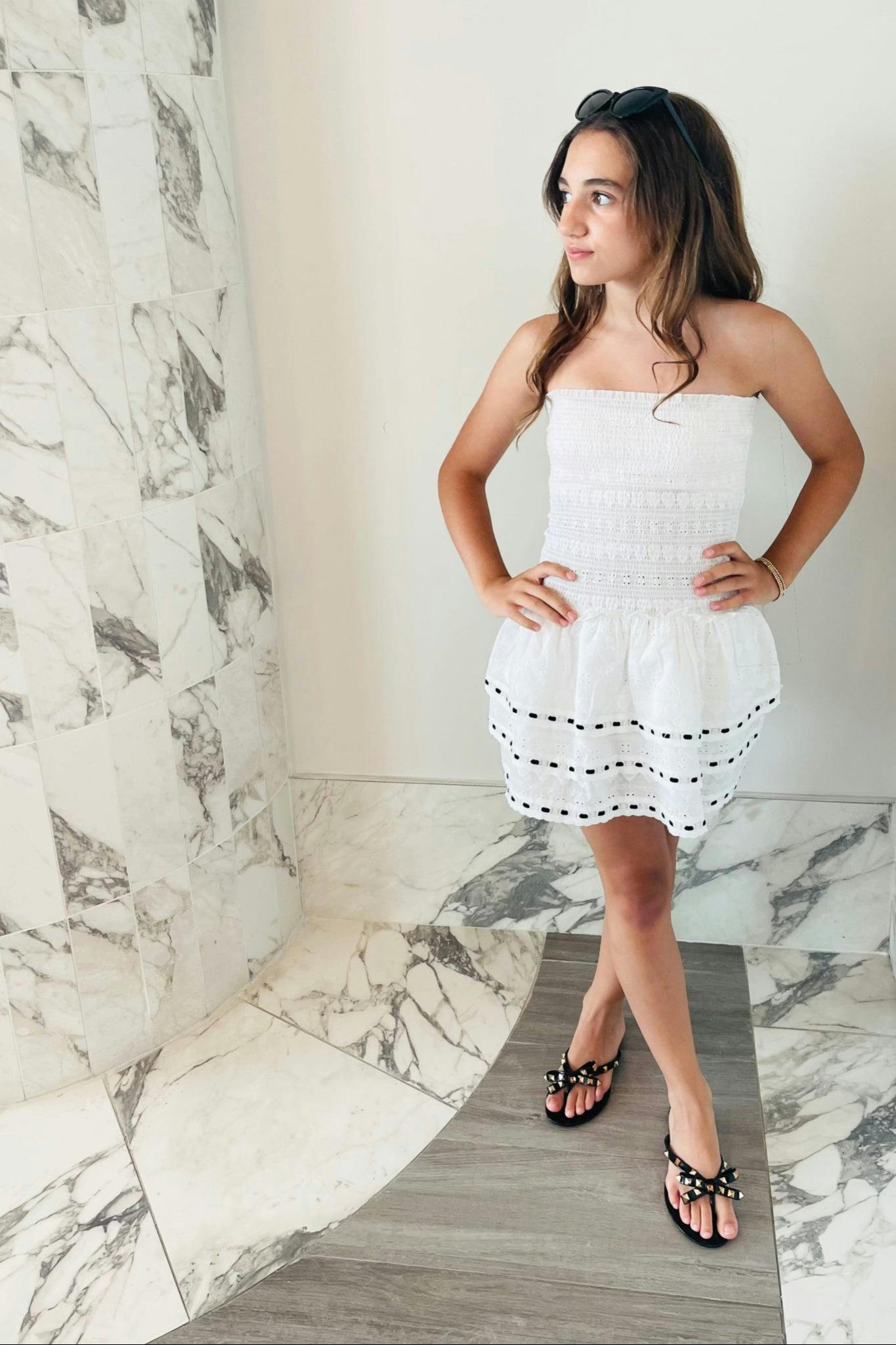 Sage White Heart & Flower Eyelet With Black Ribbon Smocked Ruffle Dress